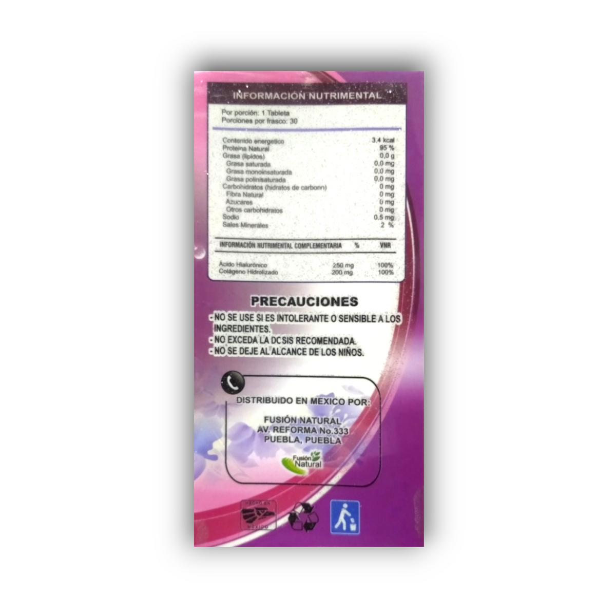 Información nutrimental Ácido Hialurónico Fusión Natural