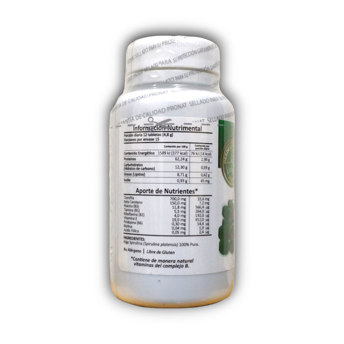 Alga Spirulina Pronat Ultra información nutrimental