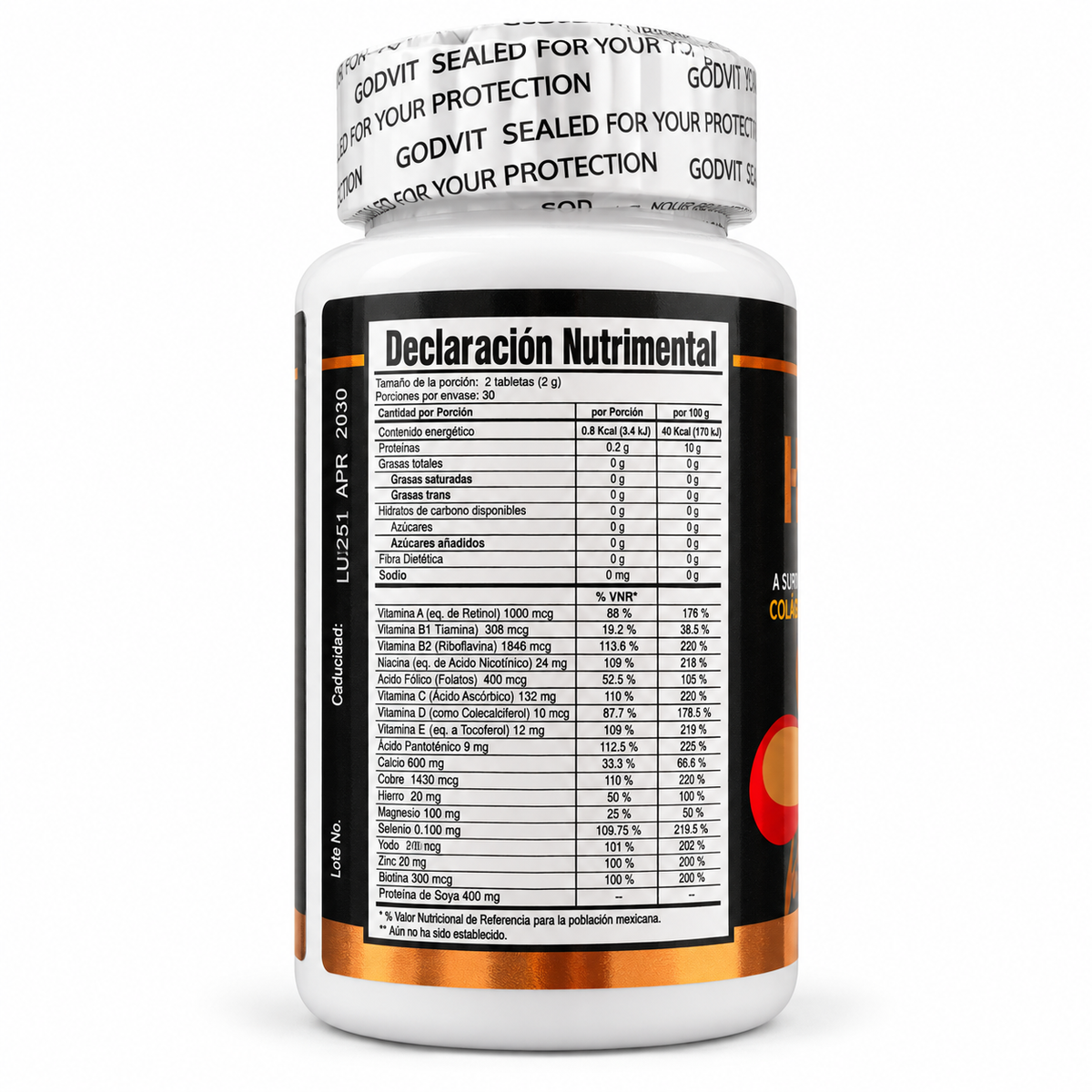 GODVIT Hairburs - declaración nutrimental sobre fondo blanco