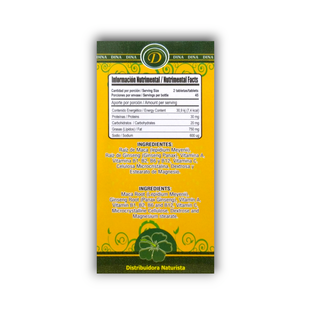 Ingredientes de Maca Dina con ginseng y vitaminas