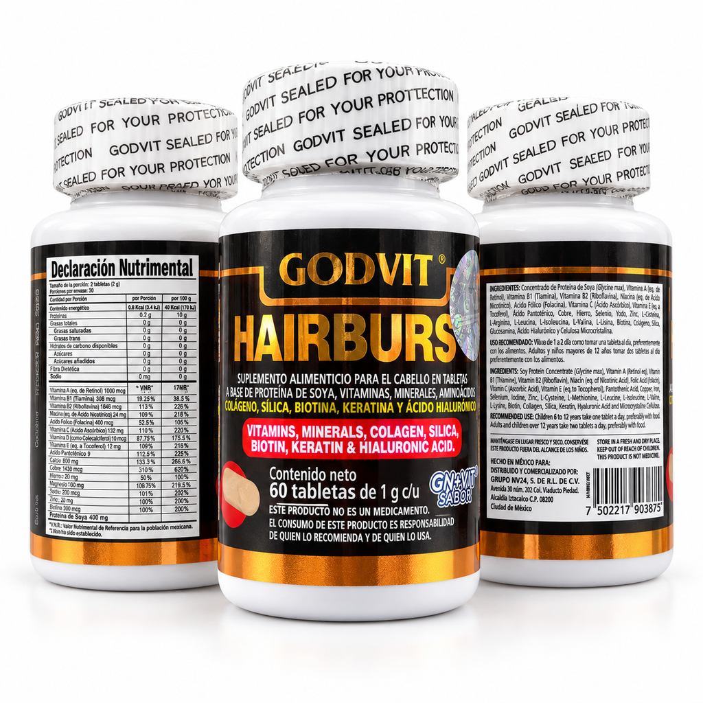 Paquete 3 frascos GODVIT Hairburs 60 tabletas cada uno fondo blanco