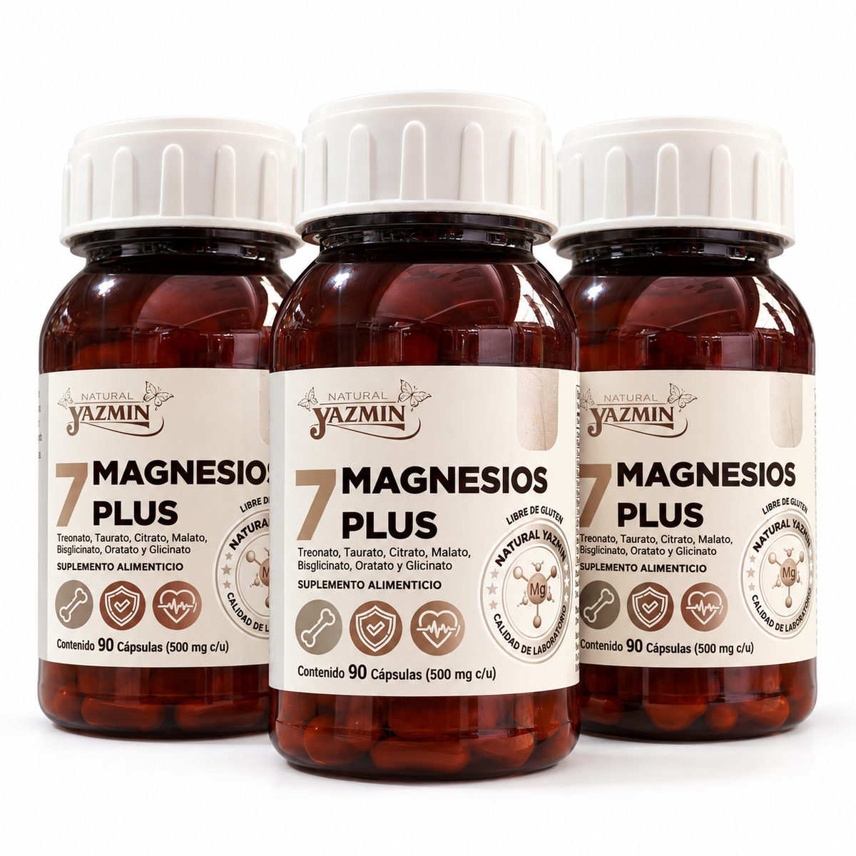 Paquete de tres frascos 7 Magnesios Plus Natural Yazmin, fondo blanco, 270 cápsulas