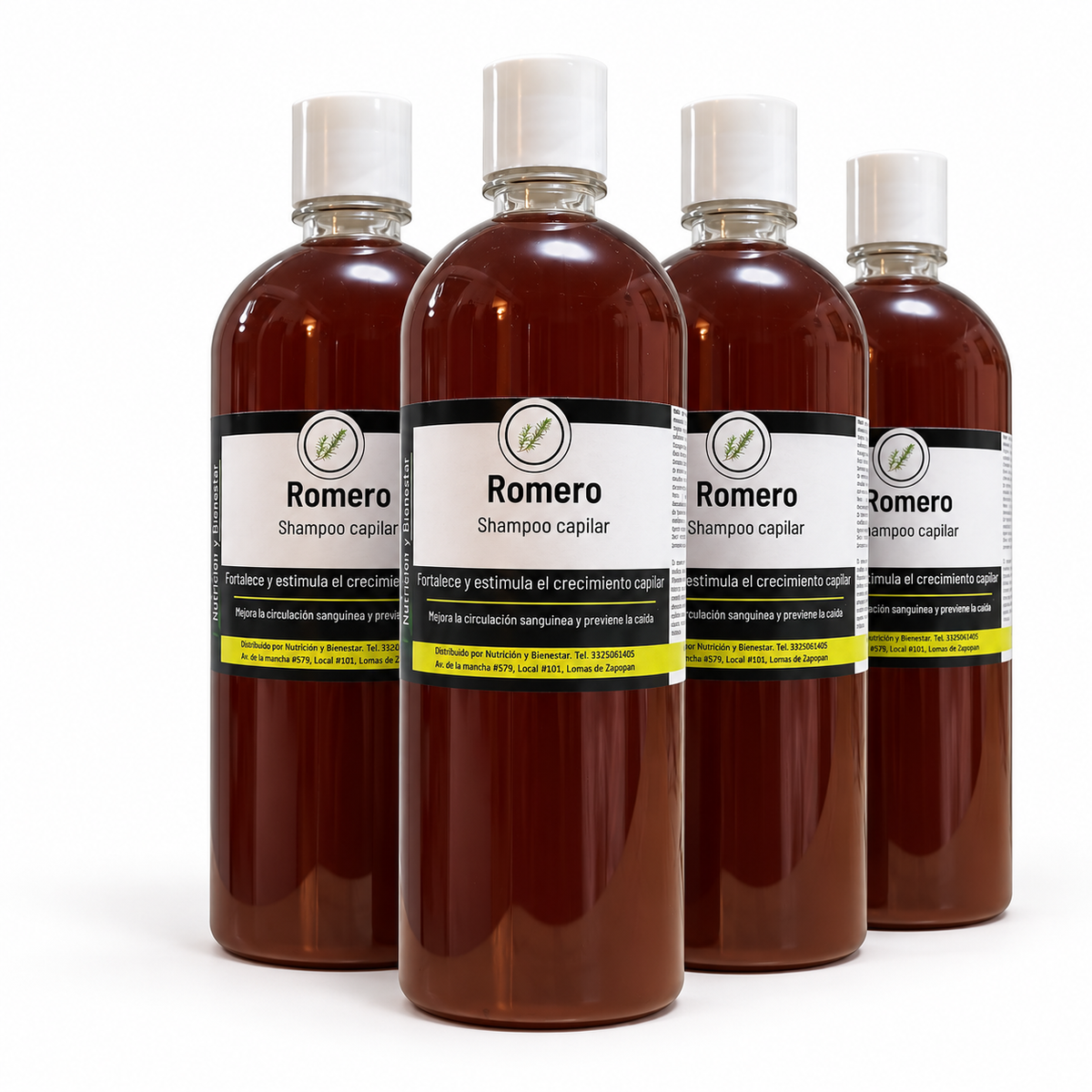 Paquete de 4 botellas de shampoo de romero de 1 litro, Nutrición y Bienestar, sobre fondo blanco