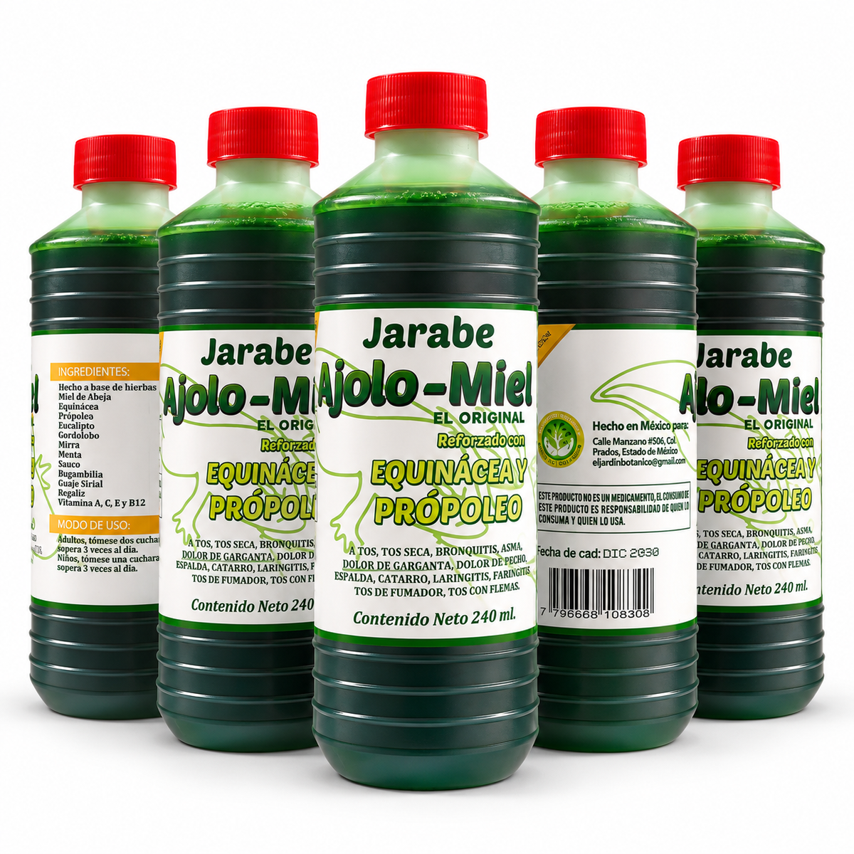 Cinco frascos de Jarabe Ajolo-Miel con equinácea y propóleo, 240 ml por frasco, en fondo blanco