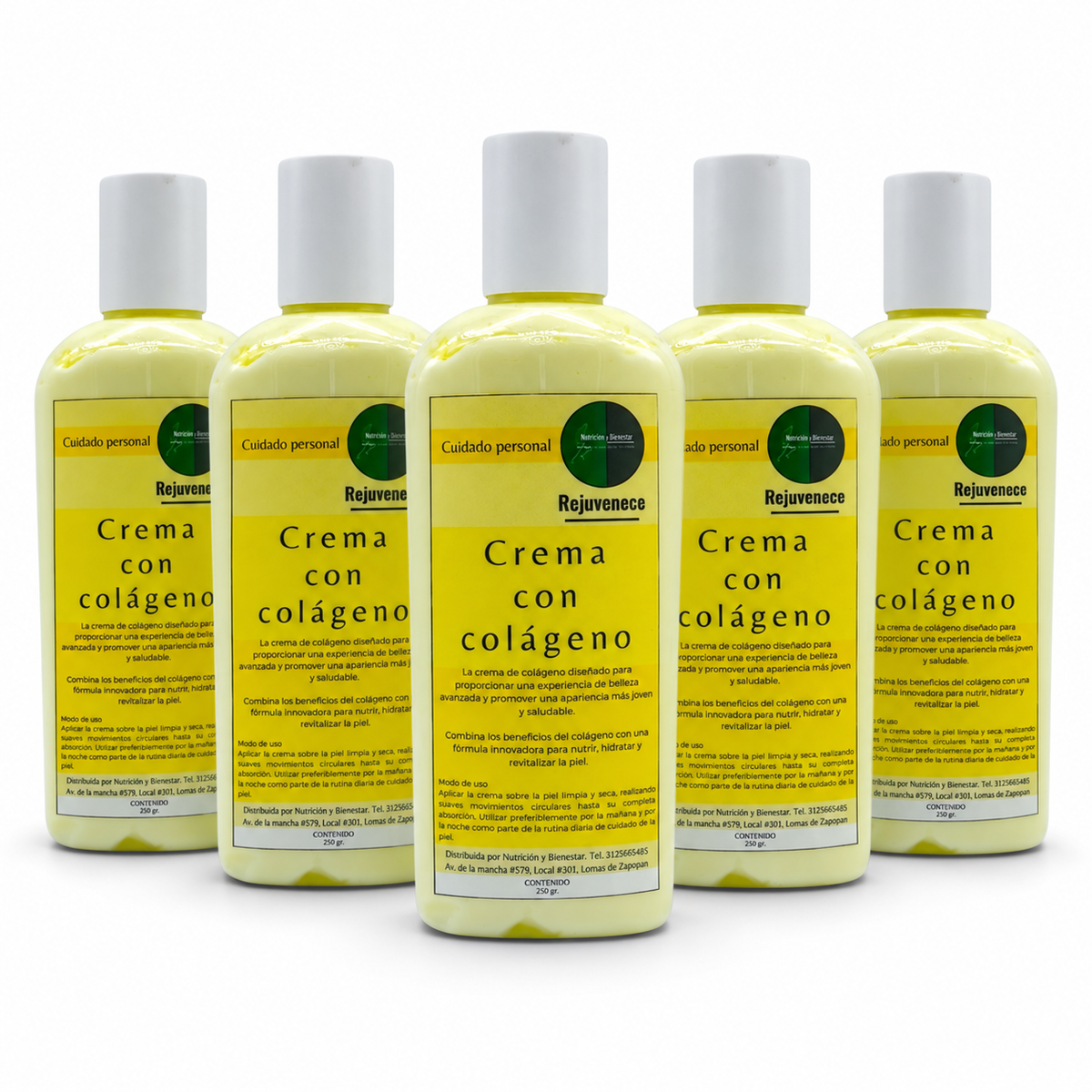 5 cremas con colágeno Rejuvenece Nutrición y Bienestar de 250 g - foto de paquete aprobada, fondo blanco